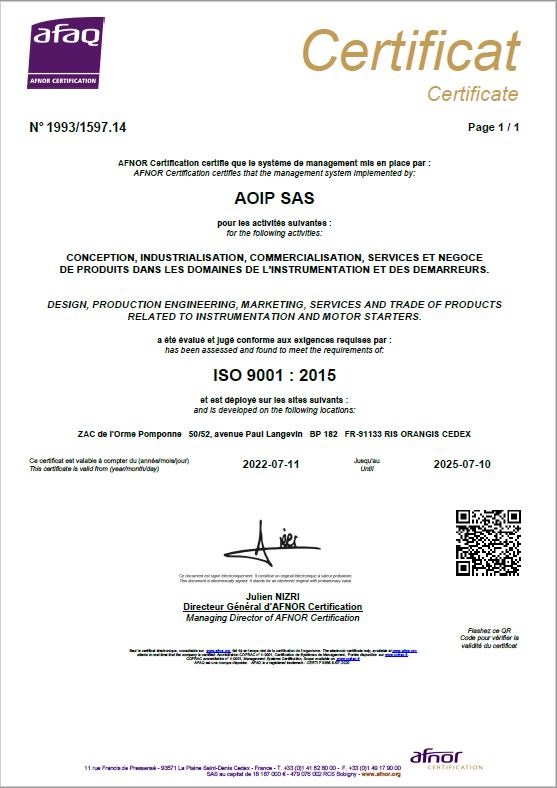 Quality certified - certificat qualite 2022 aoip - AOIP, Instrumentation de test et mesure, contrôle moteur